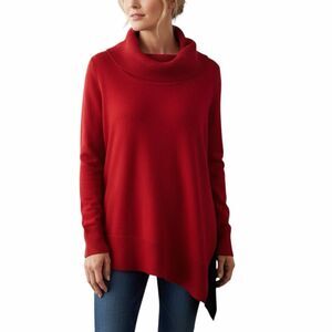 Chico’s Red Asymmetrical Cowl Neck Tunic Sweater Size Large Colorblock Hem